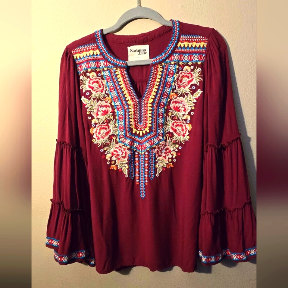 Savanna Jane South Beach Bordeaux Floral Embroidered Bell  Sleeve Tunic Top Sz L